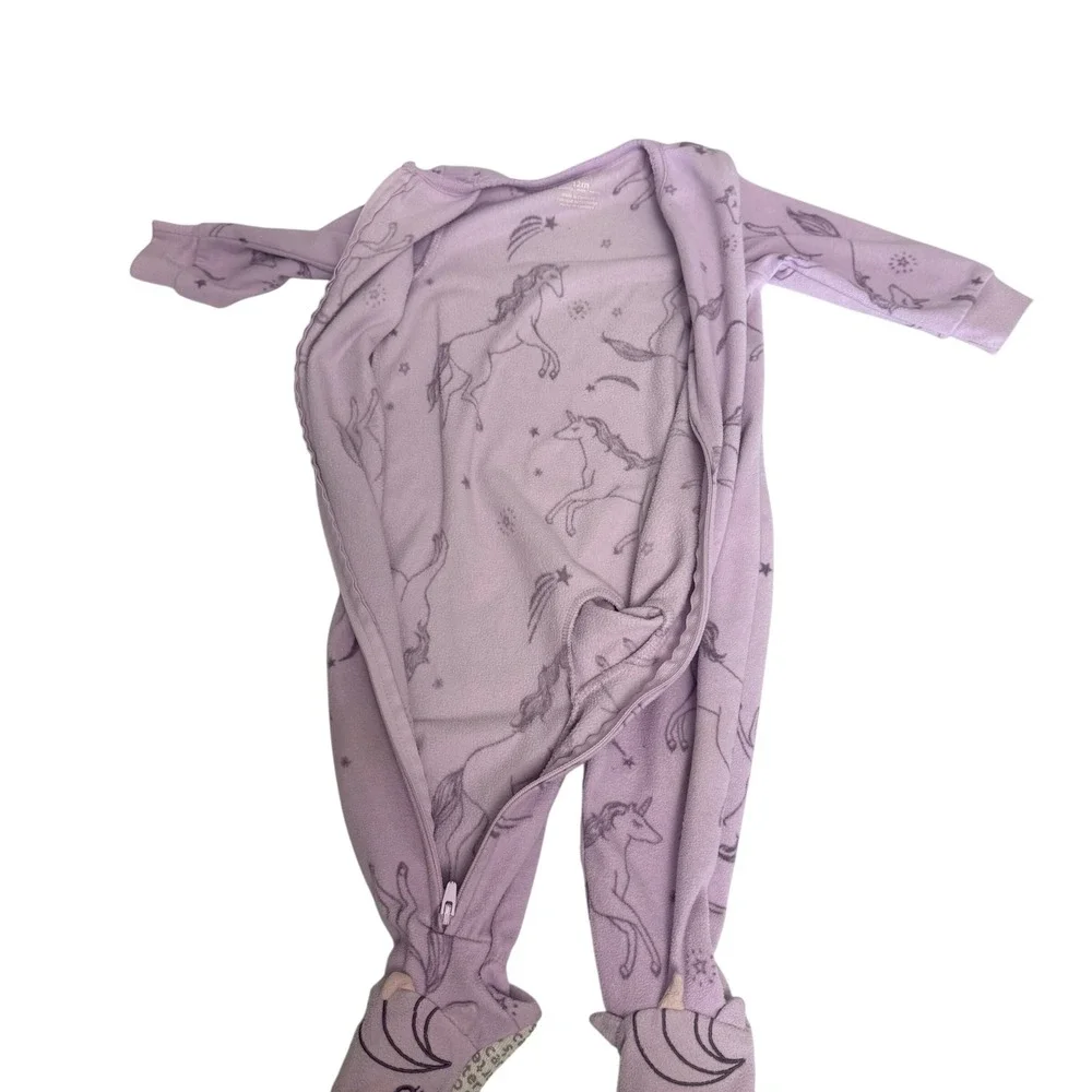 Carters Baby Girls 12M Purple Unicorn Fleece Footed Pajamas Sleep Play Zipper